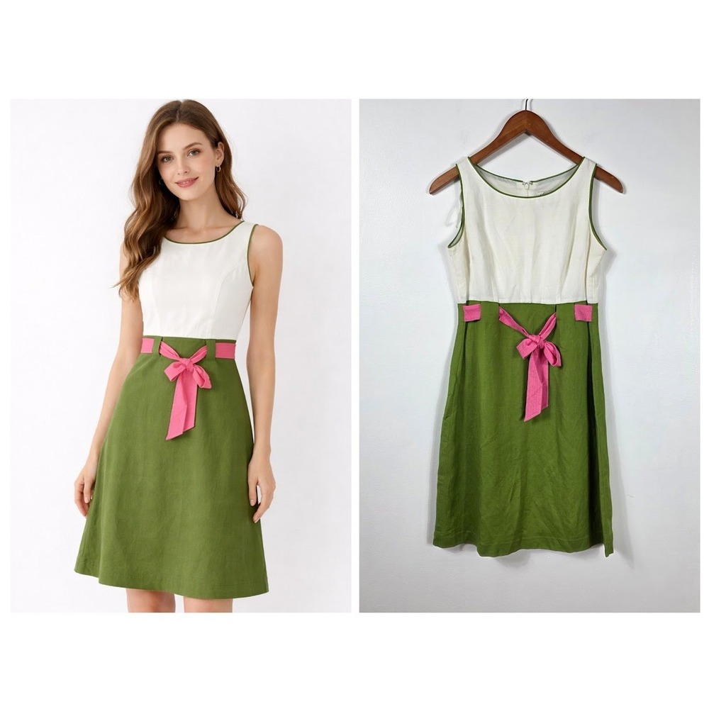 Kim Rogers Linen Blend Dress Womens 4P Green White Pink Bow‎ Colorblock Petite